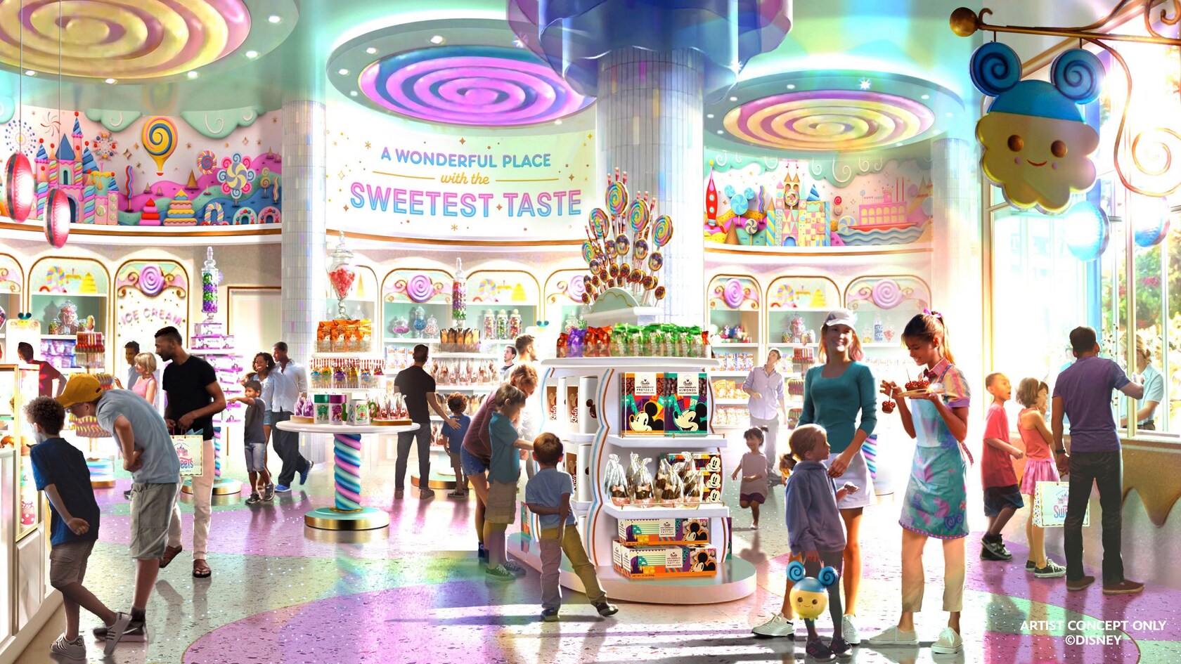 Artist rendering of a candy store with shelves of treats, Guests browsing and the words ‘A Wonderful Place with the Sweetest Taste’