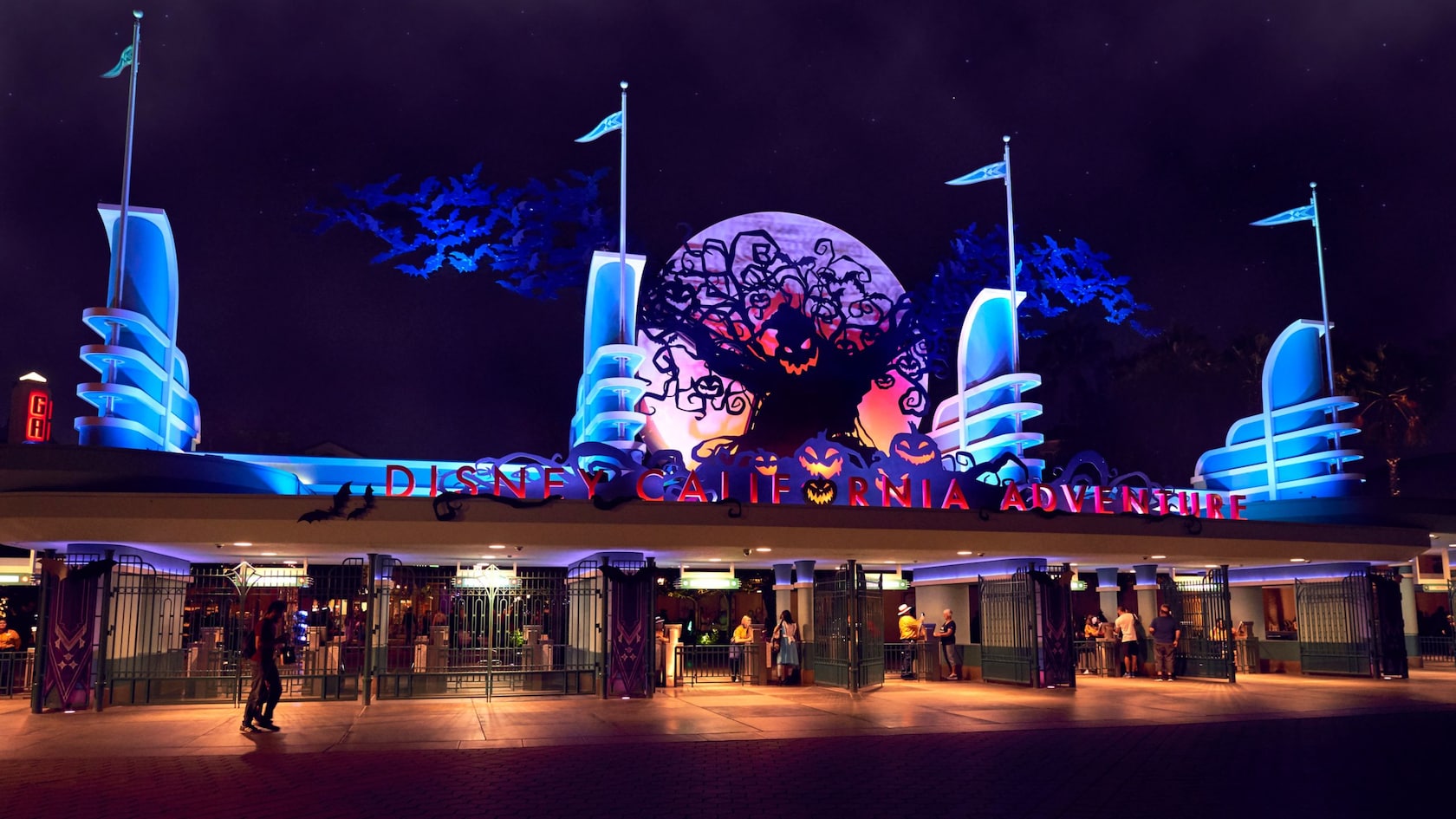 Halloween decoration at the main entrance of Disney California Adventure Park displaying Oogie Boogie from ′Tim Burton’s The Nightmare Before Christmas′