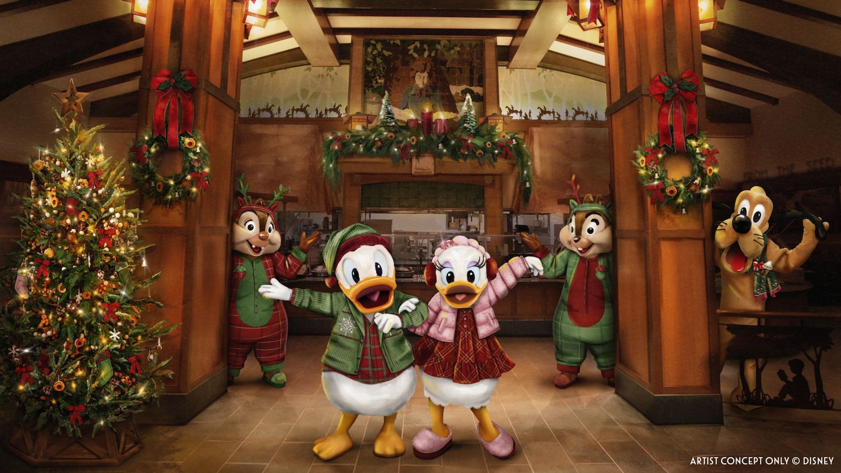 An artist rendering of Donald Duck, Daisy Duck, Pluto and Chip and Dale at a holiday decorated Storytellers Cafe in Disney’s Grand Californian Hotel & Spa