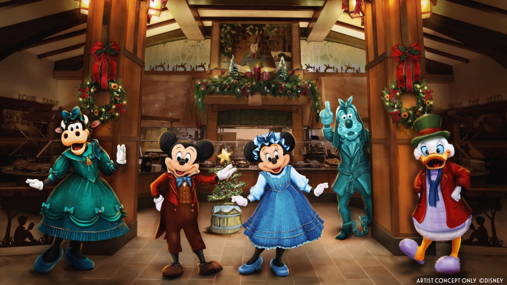 An artist rendering of Clarabelle Cow, Mickey Mouse, Minnie Mouse, Goofy and Donald Duck dressed as characters from Charles Dickens’ A Christmas Carol at a holiday decorated Storytellers Cafe in Disney’s Grand Californian Hotel & Spa