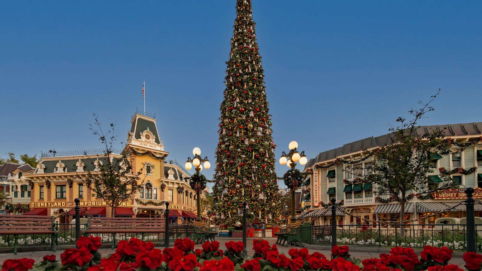 A towering Christmas tree decorated with ornaments on Main Street USA at Disneyland