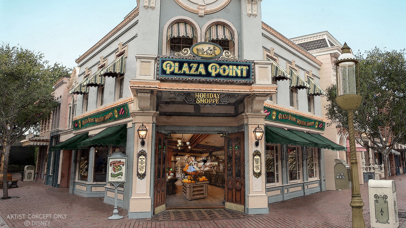 The façade of Plaza Point, a holiday and ornaments store at Disneyland Park