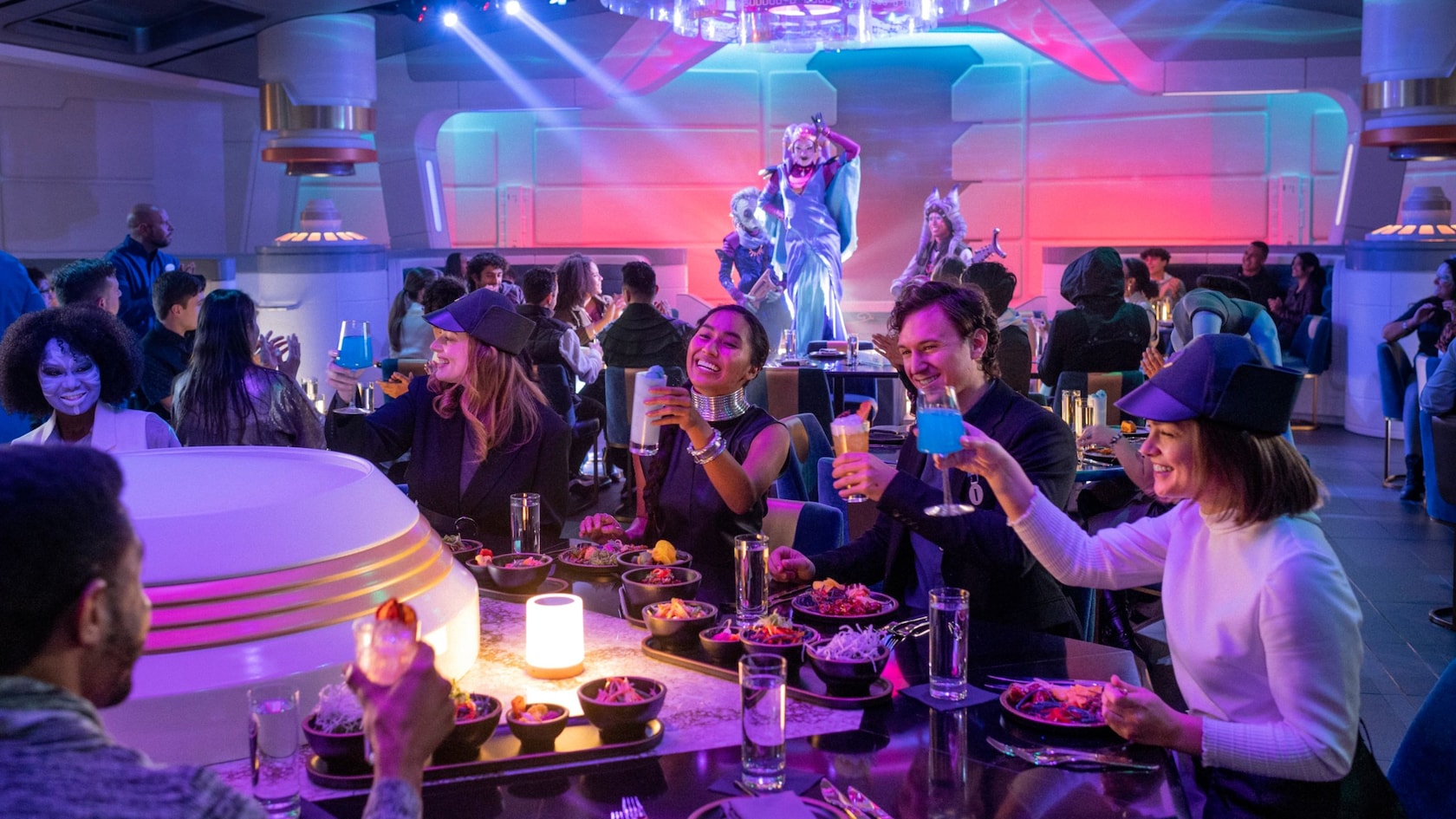 Guests seated in the Crown of Corellia Dining Room aboard the Halcyon starcruiser