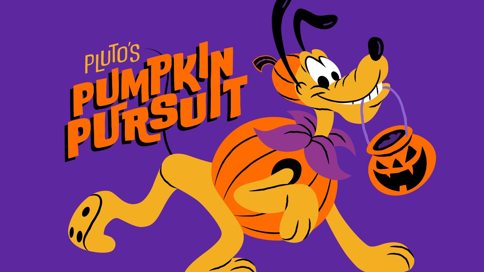 A promotional banner for Pluto’s Pumpkin Pursuit featuring Pluto in a pumpkin Halloween costume