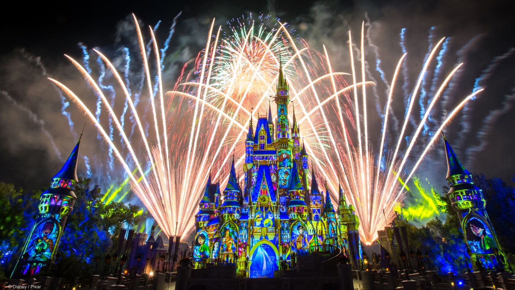 Fireworks burst over Cinderella Castle at Magic Kingdom, Walt Disney World Resort