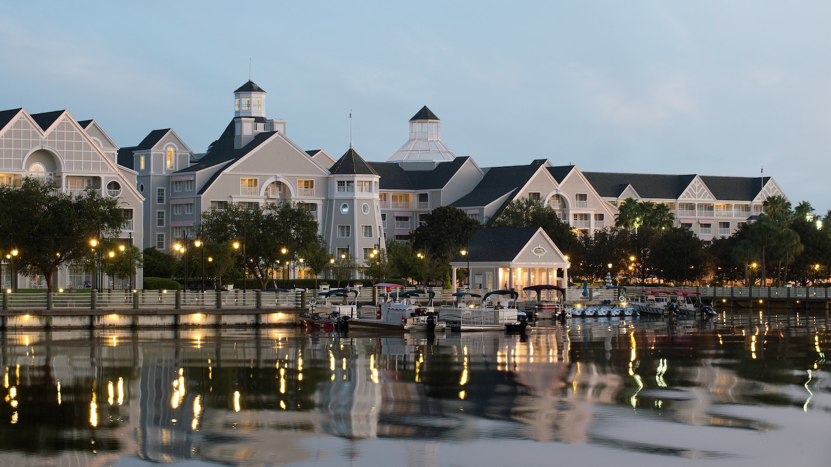 Panoramic view of the marina and watercraft rentals at Disney's Yacht Club Resort