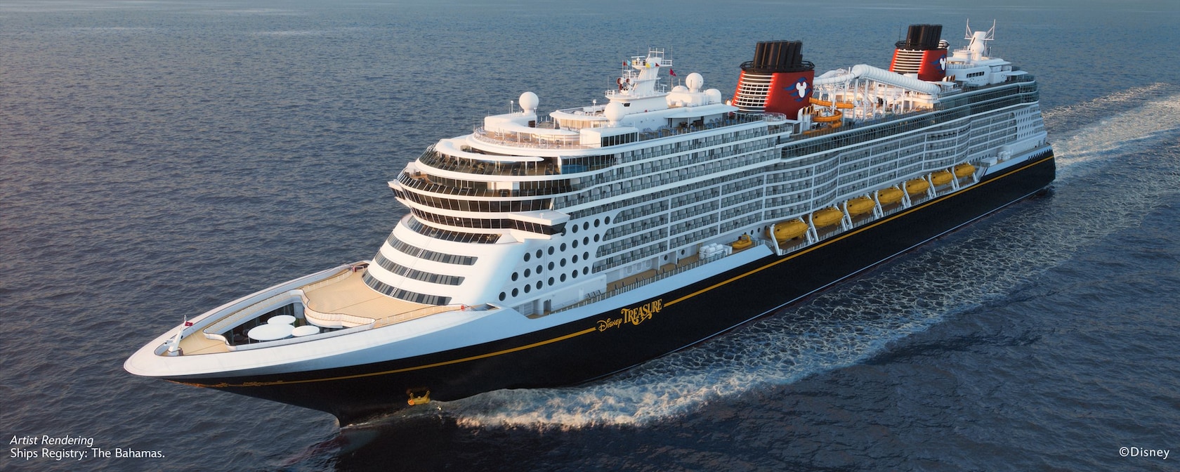 Artist rendering of the Disney Treasure, the newest Disney Cruise Line ship, sailing in open waters