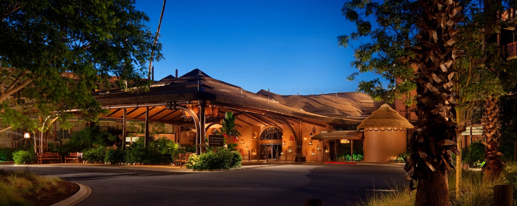 The entrance to Disney’s Animal Kingdom Villas Kidani Village illuminated at night