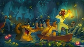 A painting of Prince Naveen rowing Princess Tiana in a boat down the bayou, with Louis the Alligator swimming nearby