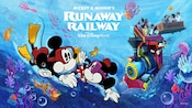 People ride a train underwater surrounded by swimming friends including Mickey, Minnie and Pluto