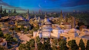 A conceptual model showcasing the outpost buildings and rocky structures of Star Wars: Galaxy's Edge A conceptual model showcasing the outpost buildings and rocky structures of Star Wars: Galaxy's Edge