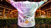 The back of a Guest’s shirt, which has Mickey, Minnie and other beloved Disney characters on it, plus the words, ‘Disneyland Resort, Disney 100 Years of Wonder’