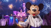 迪士尼乐园度假区（Disneyland Resort）的睡美人城堡（Sleeping Beauty Castle），装饰着写着“迪士尼 100”（Disney 100）的横幅。