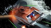 A group of people in a shuttle being pursued by TIE fighters near the Death Star
