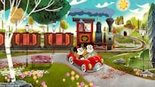グーフィーが運転する列車の近くをオープンカーで走るミッキーマウスとミニーマウス