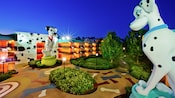 Two Dalmatian statues flank a courtyard at Disney's All-Star Movies Resort