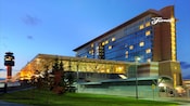 The multi story Fairmont Vancouver Airport Richmond at dusk