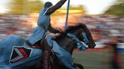 A medieval knight riding a horse in front of spectators