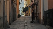 Shops and residences line a narrow alley with a cobblestone walkway