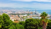 La ciudad costera de Barcelona desde la frondosa cima de una colina