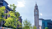 The Albert Memorial Clock in a leafy neighborhood in Belfast