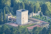 El asentamiento de un castillo rodeado de una muralla de fortificación y un bosque