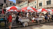 A farmers market in a European town square