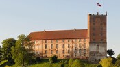 An old castle displaying a flag on top of a hill