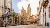 Sidewalk cafes next to the Gothic cathedral of Santiago de Compostela