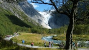 A walking trail through a valley featuring the Briksdal Glacier in the background