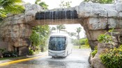 A tropical setting with a bus driving under a bridge overflowing with water