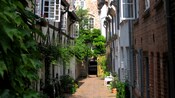 A narrow alley lined with historical brick buildings