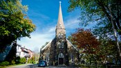 Saint Patrick's Church in Cape Breton, a stone structure with a tall, narrow spire