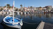 A harbor filled with sailing boats and lined with sidewalk cafes and beach residences