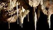 Stalactite formations hanging from the roof of a cave