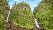 Twin water falls in a lush park