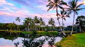 Arched bridges and palm trees cast their reflections in the water at Hilo Bayfront Park