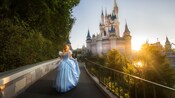 Cinderella walking toward her castle in Magic Kingdom park