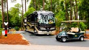 An RV and a golf cart parked in the woods 