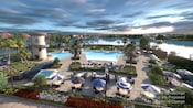 A stunning pool by table seating and lounge seating, with a water slide and views of a body of water. Disclaimer text says, Computer generated renderings, furnishing and floor plan are proposed and subject to change