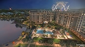 An artist rendering of Disney’s Riviera Resort illuminated at night with fireworks blasting off in the sky An artist rendering of Disney’s Riviera Resort illuminated at night with fireworks blasting off in the sky