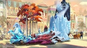 Concept art of a large icy looking parade float with Frozen Characters Anna, Elsa and Olaf.