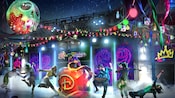 An artist rendering of dancers performing around a large apple sculpture at the festively decorated Disney DescenDance Party