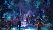 An artist rendering of Guests creeping along an eerie treat trail