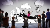 A young Guest poses for pictures in a black and white backdrop featuring Mickey Mouse and his airplane
