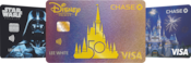 A three-card array of Chase Visa cards featuring Darth Vader, Walt Disney World 50th, and Sleeping Beauty Castle designs