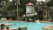 A wraparound water-tower slide empties into the Big Dipper Pool