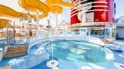 Water jets surround a circular children's pool with Huey, Dewey and Louie adorning the bottom of the pool