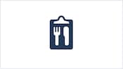 Icon depicts reservations with a fork, knife and clip board