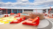 Club Vibes sundeck with mod style chairs, chaise lounges, splash pools and a giant checkerboard game